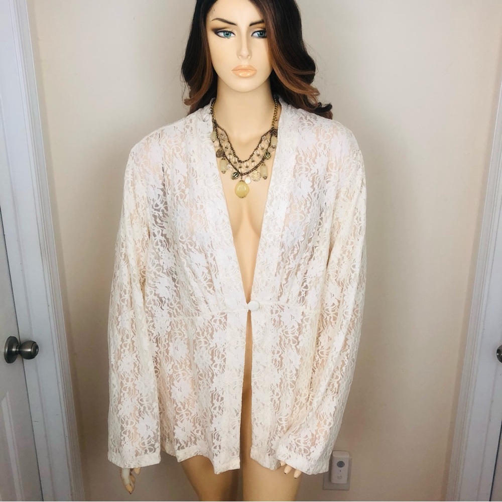 Maggie Barnes 4X Lace Cream Beige One Button Long Sleeve Blouse Elegant Cardigan